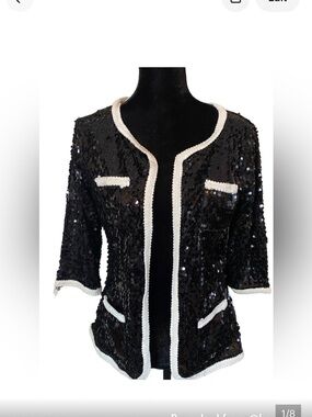 IMAN Black Sequin Open Front Jacket White Trim 3/4 Sleeve Small Evening Shrug